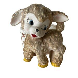 Vintage Napco Lamb Planter MCM Ceramic Velour 1960s Kitsch Japan Nursery Baby